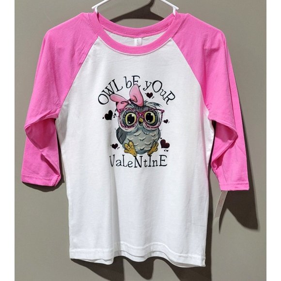 OWL BE YOUR VALENTINE Sz Large 10/12 Pink 3/4 Raglan Sleeve Valentine's Day Tee - Picture 1 of 6